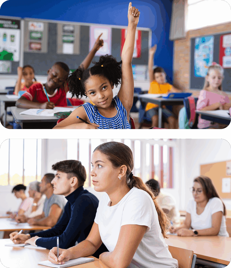 A diverse classroom with students raising hands eagerly.